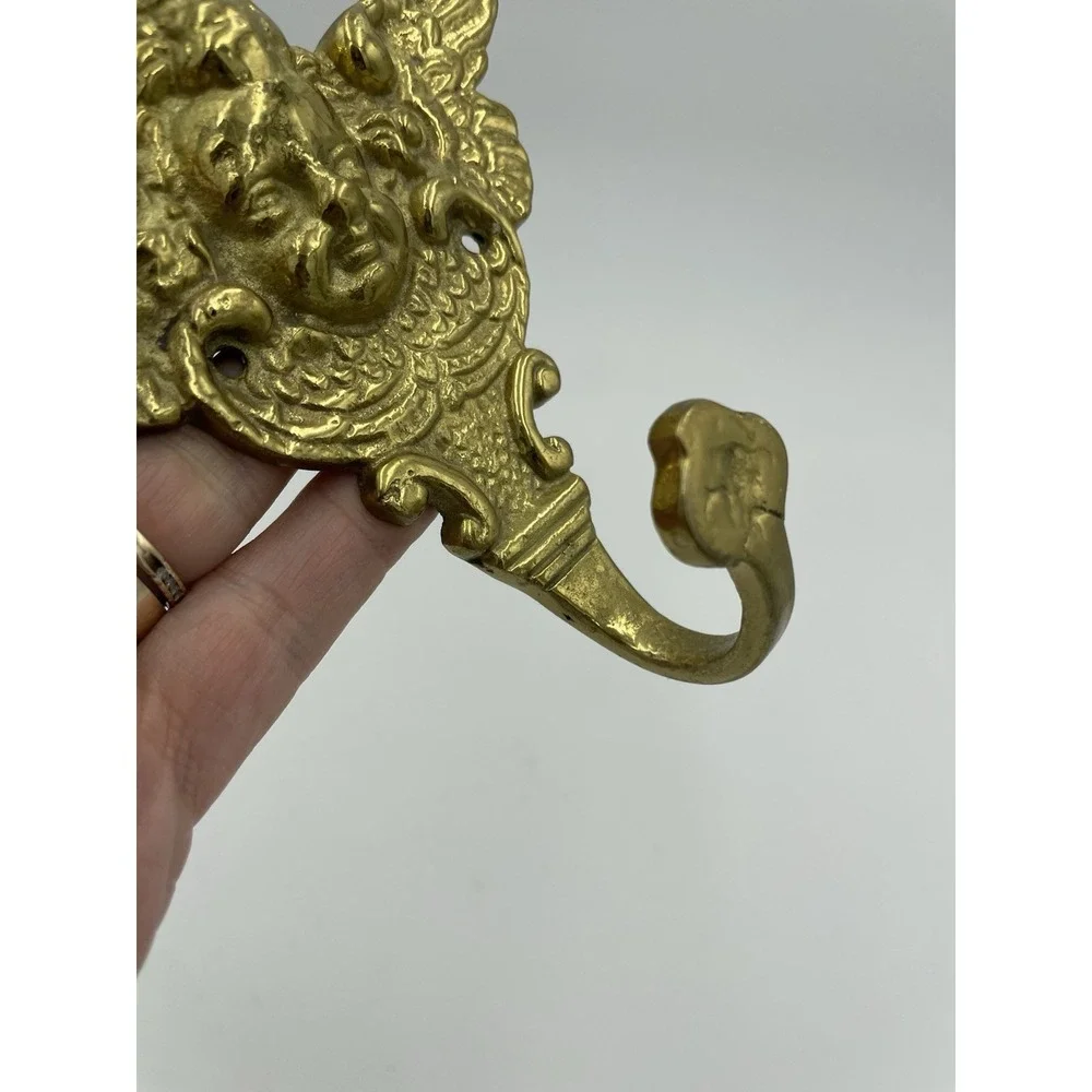 Vtg Solid Brass Angel Cherub Decorative Wall Hanger Robe Towel‎ Hat Key Hook